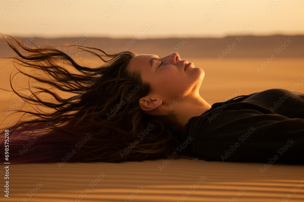 Fototapeta premium A young woman lying in the desert in front of the sunset, sand