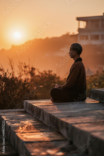 Meditator at sunrise, emphasizing the symbolic journey from darkness to enlightenment