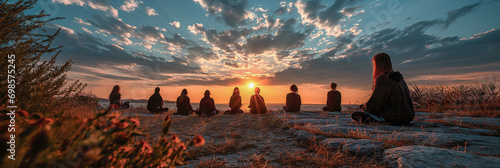 Group meditation session at sunset, with the warm hues of the sky reflecting the collective harmony of the participants