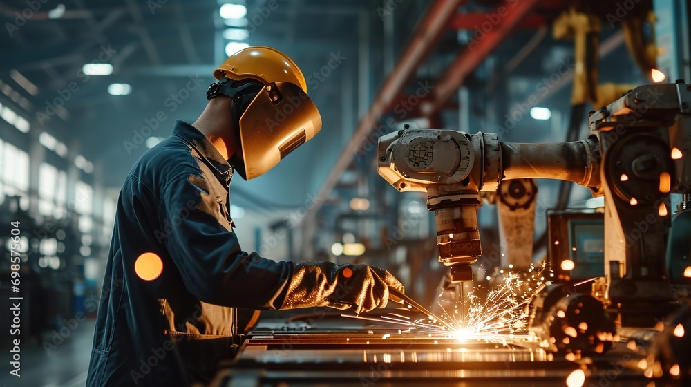 Welding robotics and digital manufacturing operation.Manager engineer check and control automation robot arms machine in intelligent factory industrial Welding robotics and digital manufacturing operation.Manager engineer check and control automation robot arms machine in intelligent factory industrial