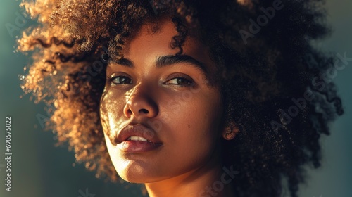 woman, face glow or afro hair style on studio background in hair growth, curls maintenance or skincare health