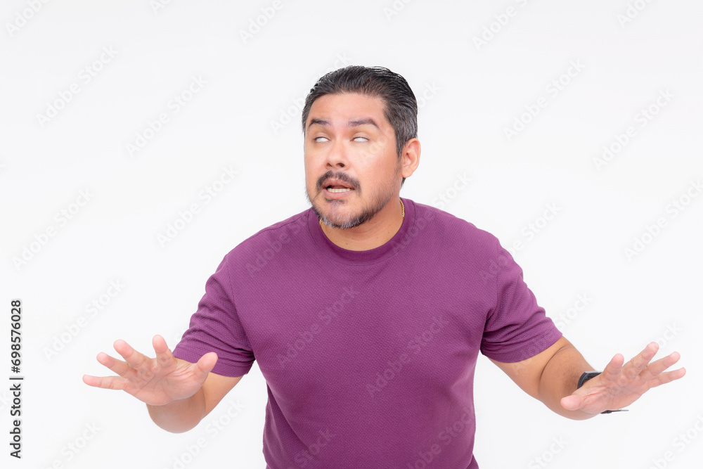 A blind man trying to search around with his hands. Wearing a purple shirt, isolated on a white background. A blind man trying to search around with his hands. Wearing a purple shirt, isolated on a white background.