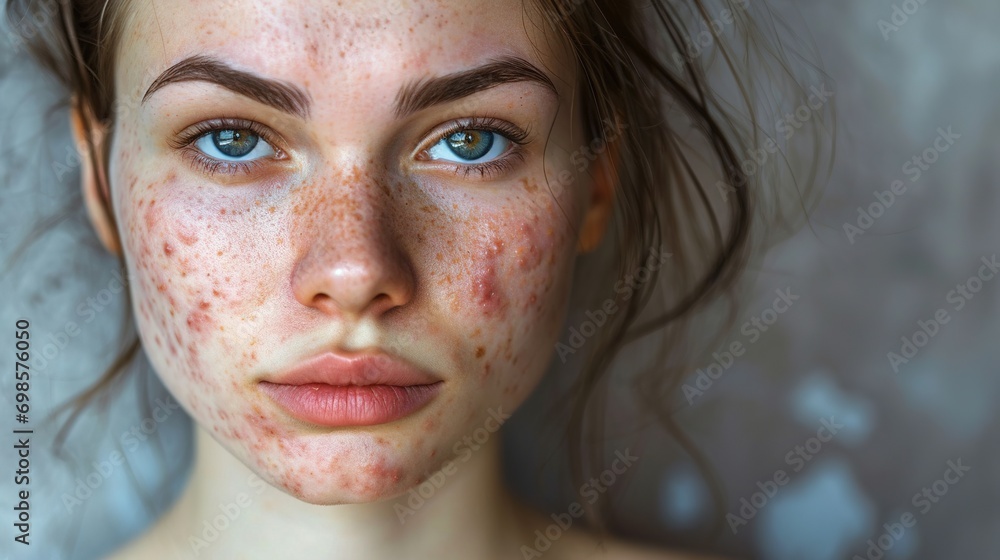 Woman with acne skin problem with hormonal acne, close up. Hormonal acne, adult acne face before photo. Matching after photo with clear skin, retouched skin. - obrazy, fototapety, plakaty 