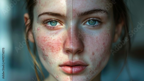 Woman with acne skin problem with hormonal acne, close up. Hormonal acne, adult acne face before photo. Matching after photo with clear skin photo