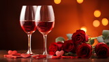 Two glasses of vine with rose petals with bokeh background. Valentine's day banner. Romantic concept.  Generated AI.