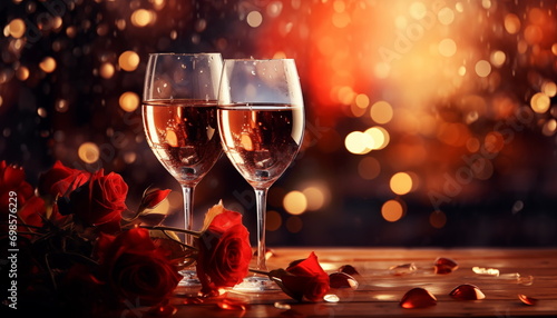 Two glasses of vine with rose petals with bokeh background. Valentine's day banner. Romantic concept. Generated AI.