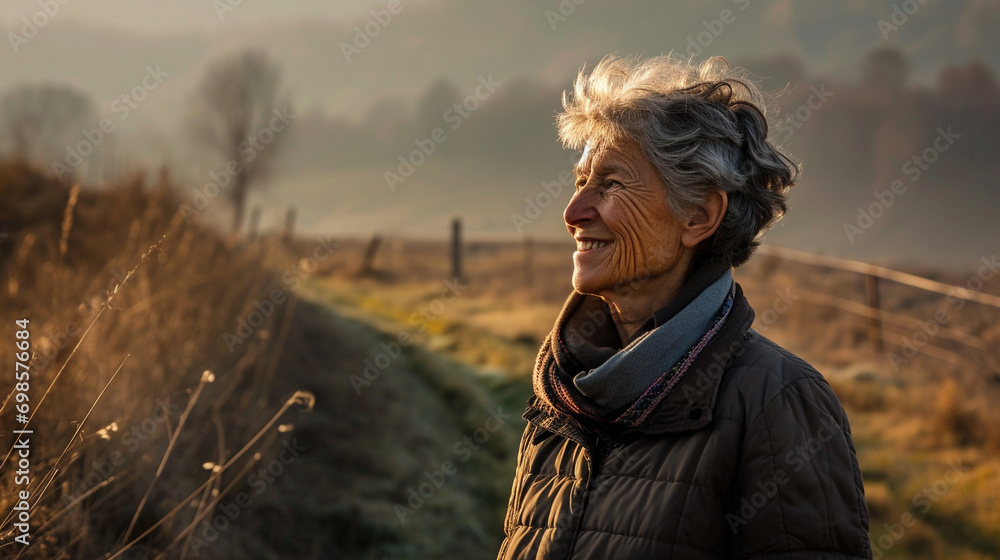 Mature woman in countryside setting smiling at simple joys of life, AI Generated