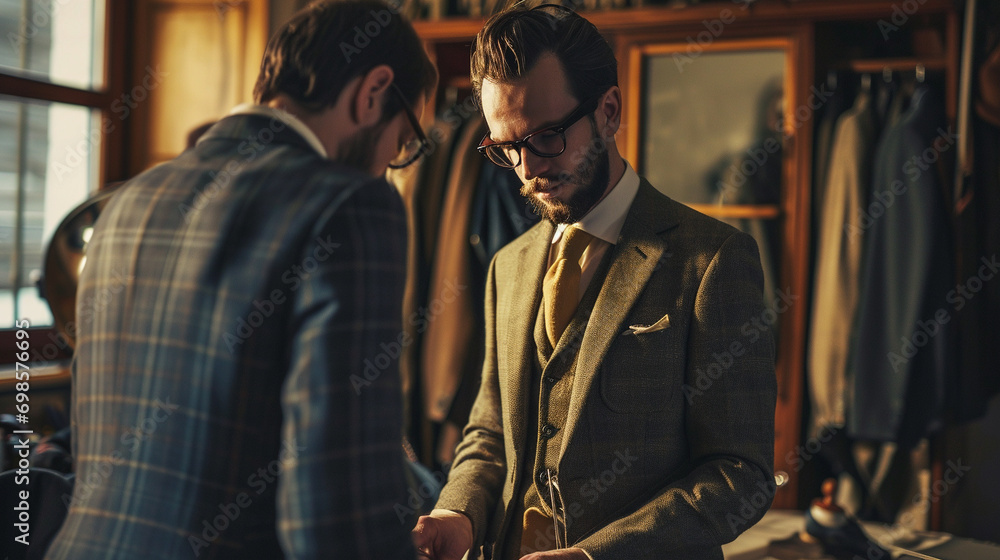 Meticulous tailor taking measurements for suit, AI Generated