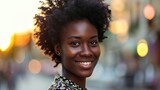 Young beautiful woman portrait, African student girl in a city, Young businesswoman smiling outdoor
