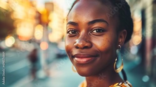 Young beautiful woman portrait  African student girl in a city  Young businesswoman smiling outdoor