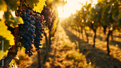 Lush vineyard filled with bunches of grapes on sunny day, AI Generated photo
