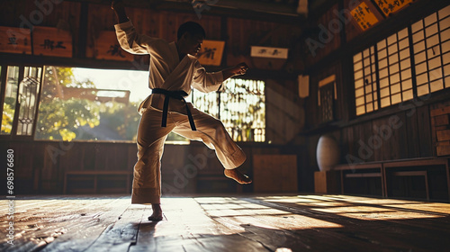 Martial artist doing high kick in dojo, AI Generated
