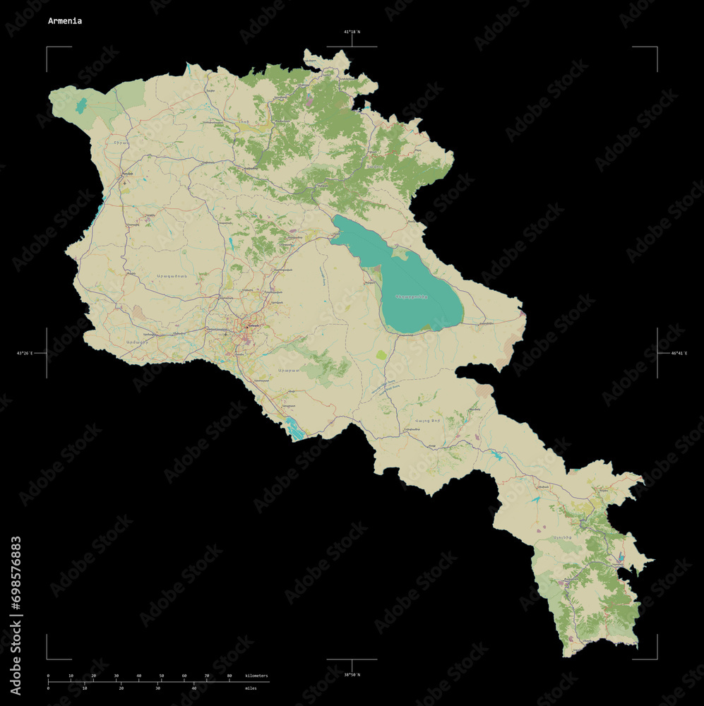 Armenia shape on black. Topographic Map