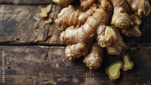 Ginger root on a wooden background, top view photo