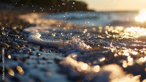 Soothing beach scene with sun's rays in bokeh effect, AI Generated
