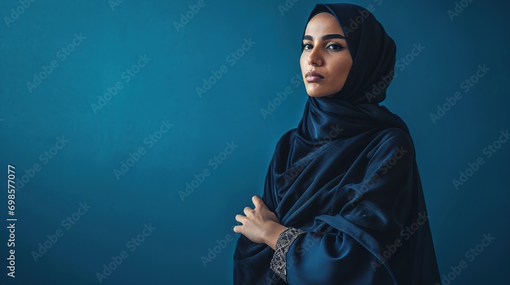 Young confident arabian asian muslim woman in abaya hijab with hands crossed folded isolated on a plain blue background studio portrait