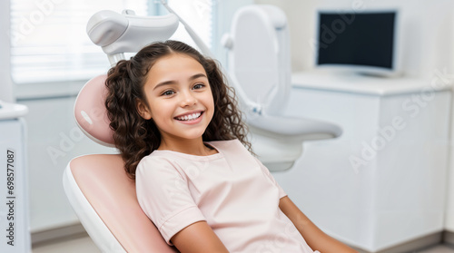 A smiling latina kid sitting in a dental chair at the dentist, teeth cleaning and examination concept, beautiful white teeth smile, young girl checkup photo