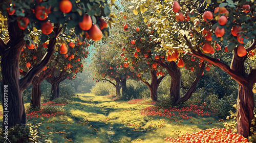 Enchanting garden full of fruit trees in style of pointillism, AI Generated