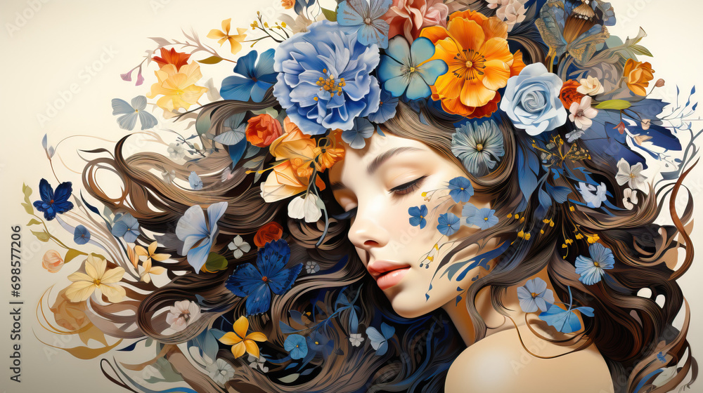 Woman with her head covered with flowers. Mental health, psychological treatment concept. Happiness and joy, dreaming. Psychology theme, thinking positive, having good thoughts in mind