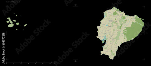 Ecuador with Galapagos Islands shape on black. Topographic Map