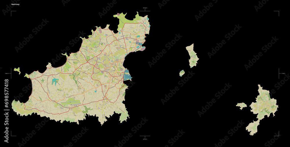 Guernsey shape on black. Topographic Map