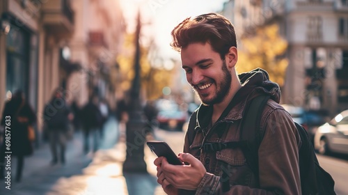 Young handsome man using smartphone in a city. Smiling student men texting on his mobile phone isolated portrait. Modern lifestyle, connection photo