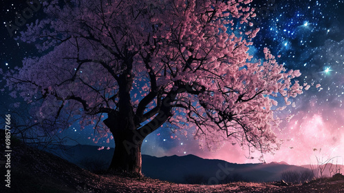Imagine cherry blossoming tree with cherries as stars in night sky, AI Generated