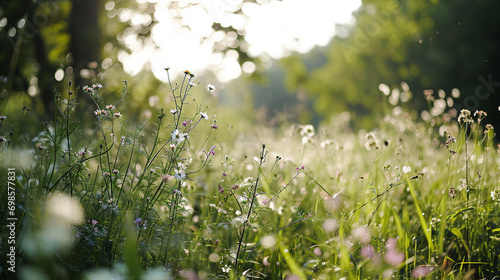 Lush green field with wildflowers in bokeh setting, AI Generated