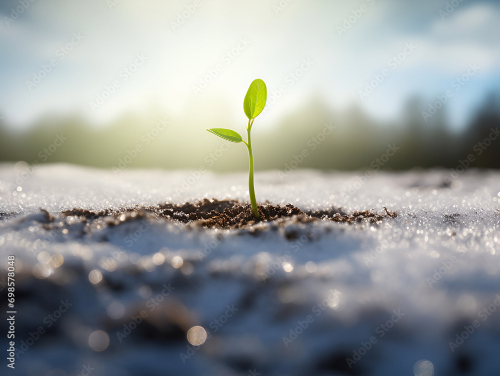 young plant sprouts out of the snow - obrazy, fototapety, plakaty 