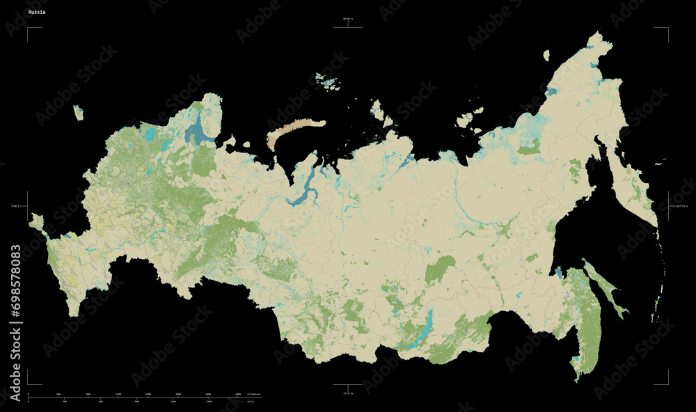 Russia shape on black. Topographic Map
