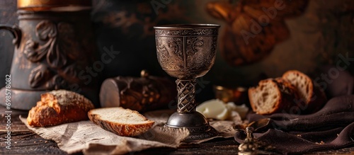 Sacred communion cup with elements of bread and wine.