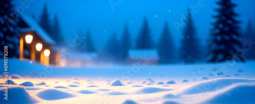 Closeup view of snow and ice from the ground with blurred houses on the background. Night winter landscape.