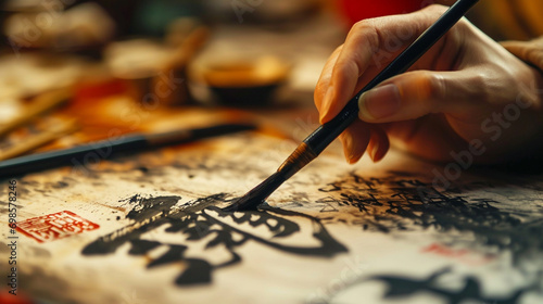 Traditional Chinese calligraphy being created for New Year, AI Generated photo