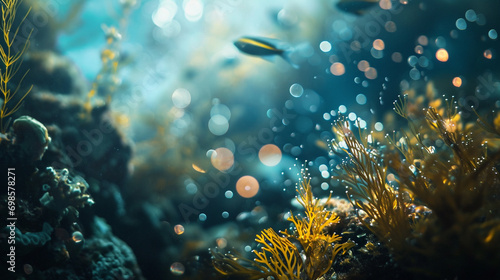 Underwater scene featuring marine life in bokeh lights, AI Generated