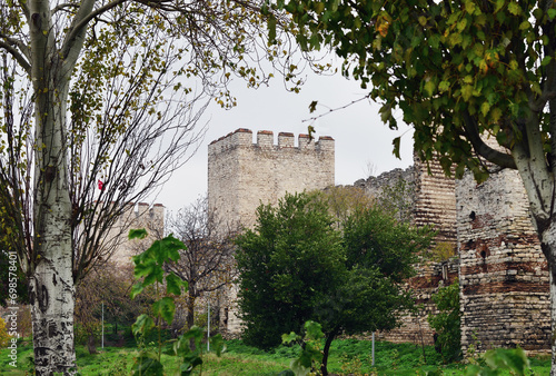 Ruins ancient fortress walls of Constantinople, known as the Theodosian Walls