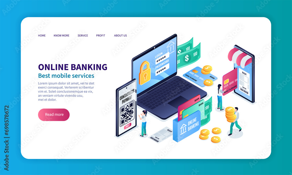 Isometric mobile banking services landing page template with people using big devices - obrazy, fototapety, plakaty 