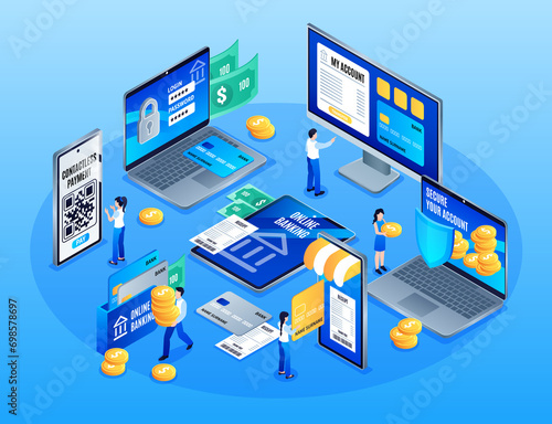 Isometric mobile banking services composition background with people making transactions using big screens