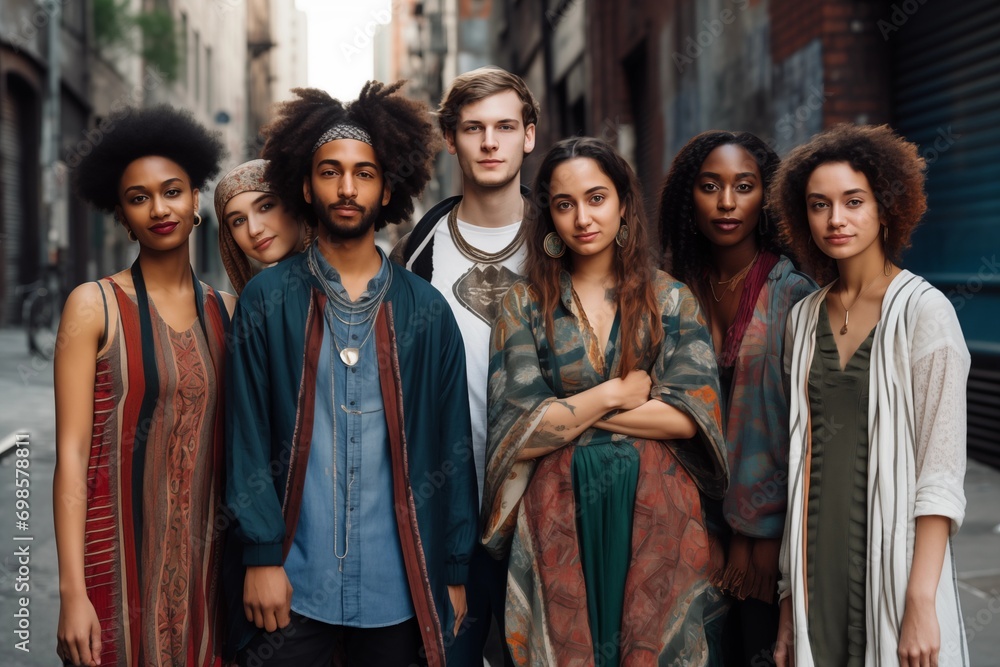 Fototapeta premium young adults of different ethnicities in traditional and modern attire, urban background