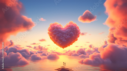 Heart shaped clouds at sunset, Valentine's Day background