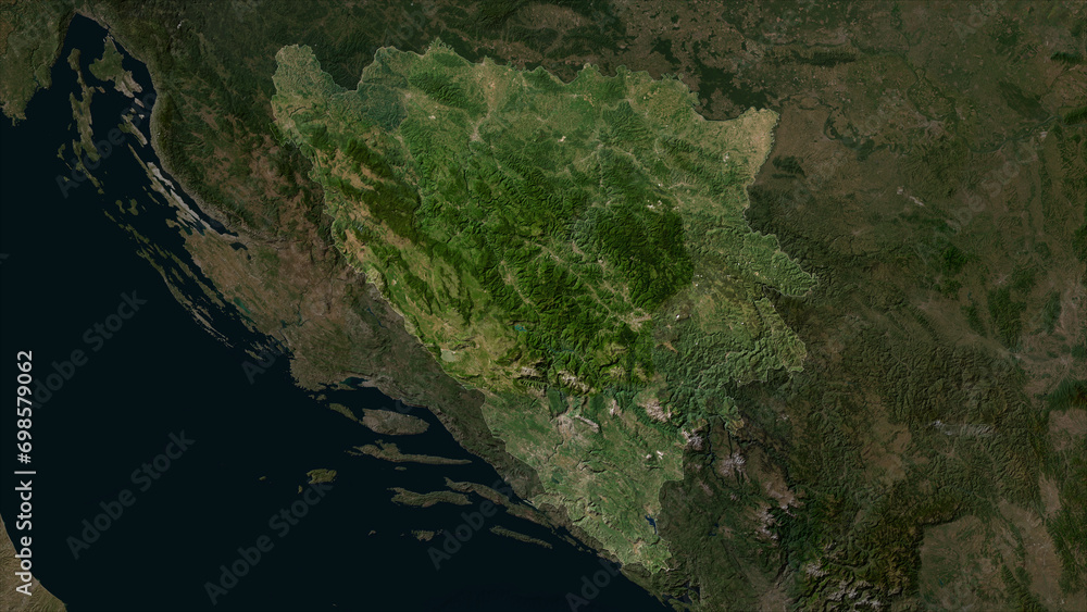 Bosnia and Herzegovina highlighted. Low-res satellite map