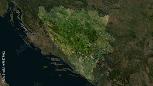 Bosnia and Herzegovina highlighted. Low-res satellite map