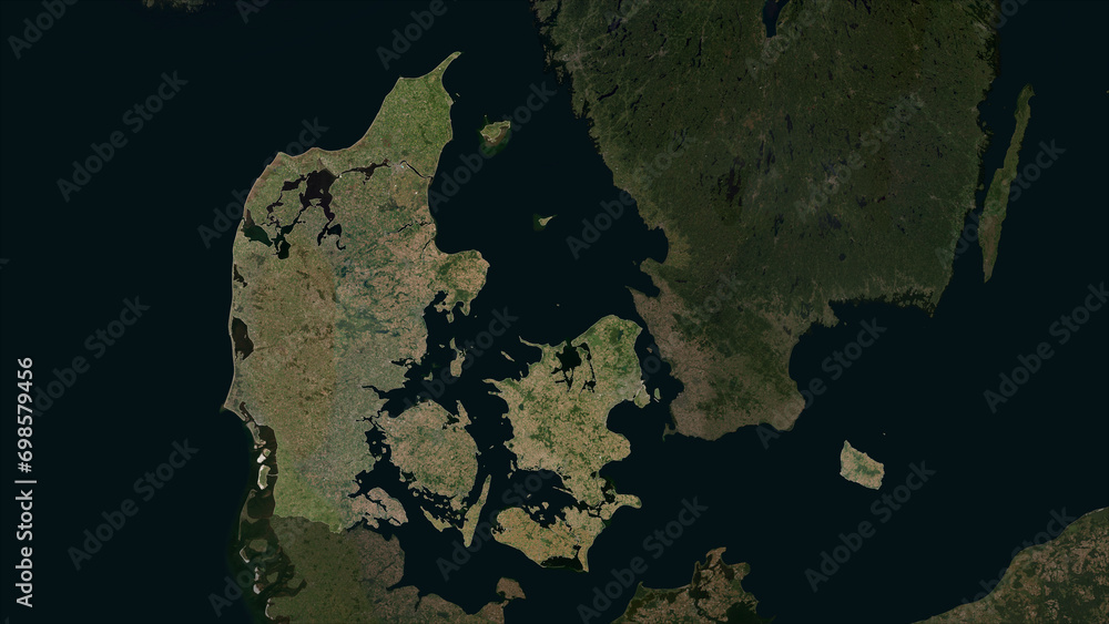 Denmark highlighted. Low-res satellite map