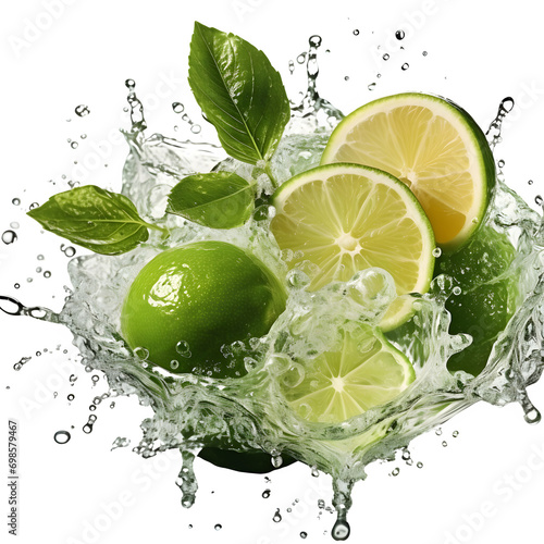 half lime  leaves  ice cubes and water splash  isolated on transparent background Generative AI  
