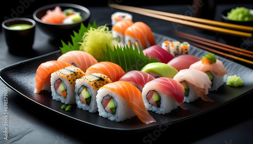 Generative AI artful arrangement of assorted sushi rolls, sashimi, and wasabi on a black plate