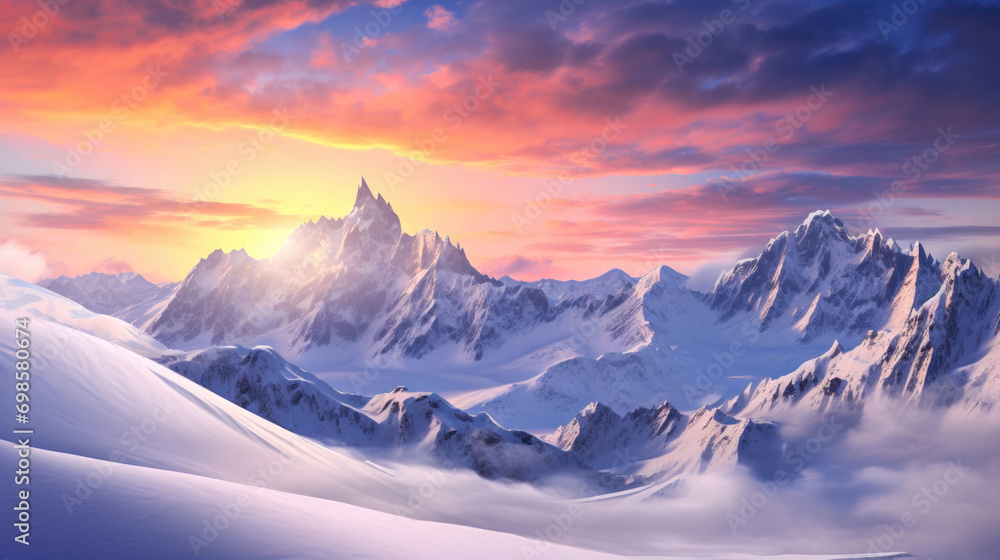 Snowy Mountain Sunrise: Majestic Winter Landscape