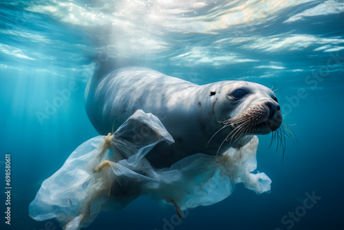 Ocean's Bind: A Seal's Struggle Against Plastic Pollution, selective focus photo