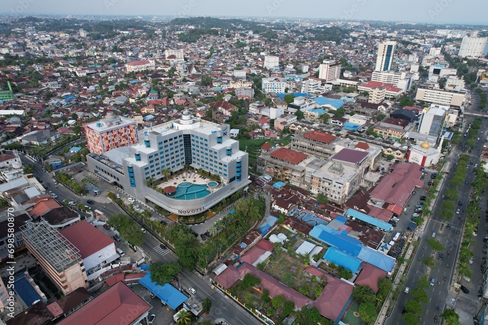 Balikpapan City business district with iconic building view frome above