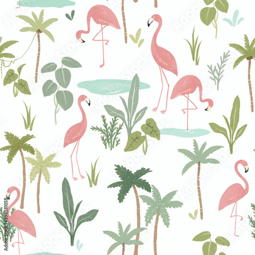 Beautiful tropical seamless pattern with hand drawn palm trees and flamingo.