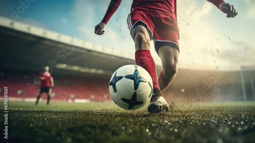 close-up.   soccer ball and football player's legs, playing on the field photo