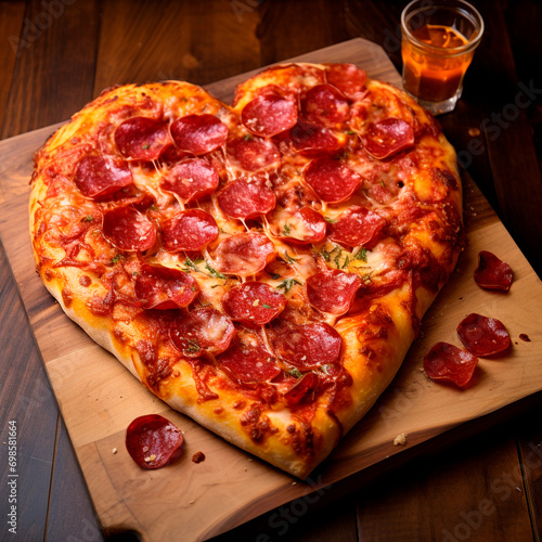 Heart-shaped pizza, pepperoni with basil, cheese, tomato sauce, on a wooden board, seen from above. Valentine's Day.